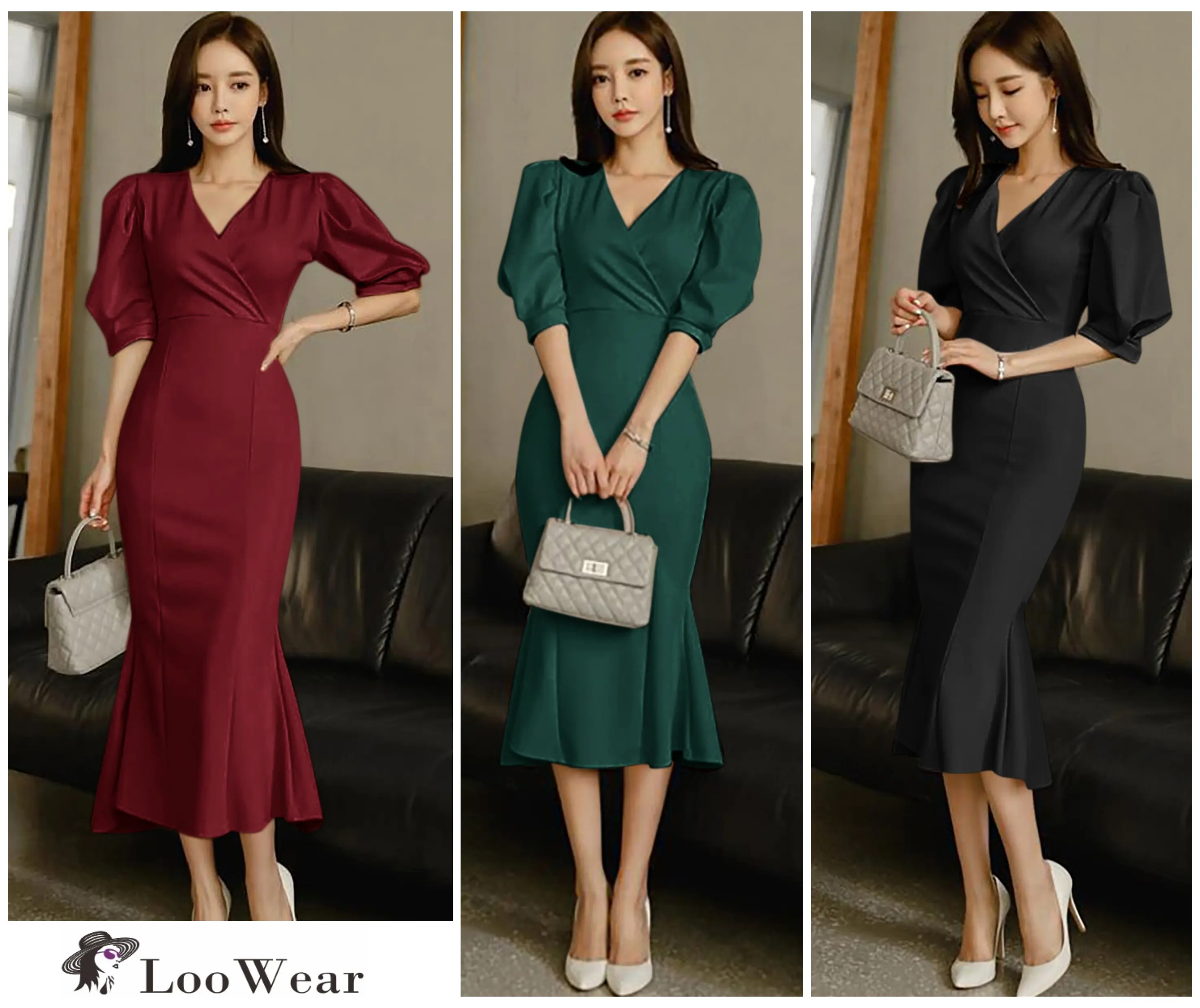 LooWear Dress Casual Bodycon Mermaid V-Neck Lengan Pendek Puff Simple Formal Korea Style Fashion Wanita Scuba Premium Melar Nyaman