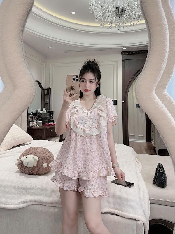 Bộ Ngủ Nữ Chất Vải Đũi Hàn Mềm, Đồ Bộ Tiểu Thư Quần Có Túi Free Size 40-62KG - C01 1