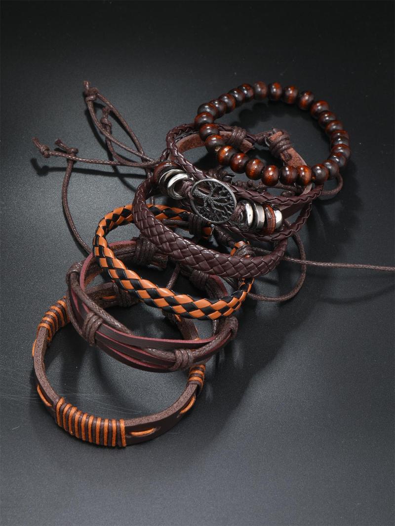 Product Introduction of Men's Vintage Adjustable Bracelet Set (6counts/set), Beaded & Braided & Hollow Out Tree Design for Party, Daily Birthday Gift 3