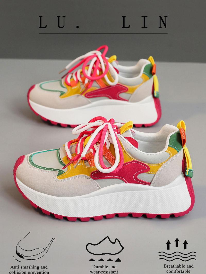 Product Introduction of Women's Fashionable Colorblock Lace Up Low Top Sneakers, Casual Comfortable Breathable Sports Running Shoes, All-match Non-slip Sneakers for Daily Wear 7