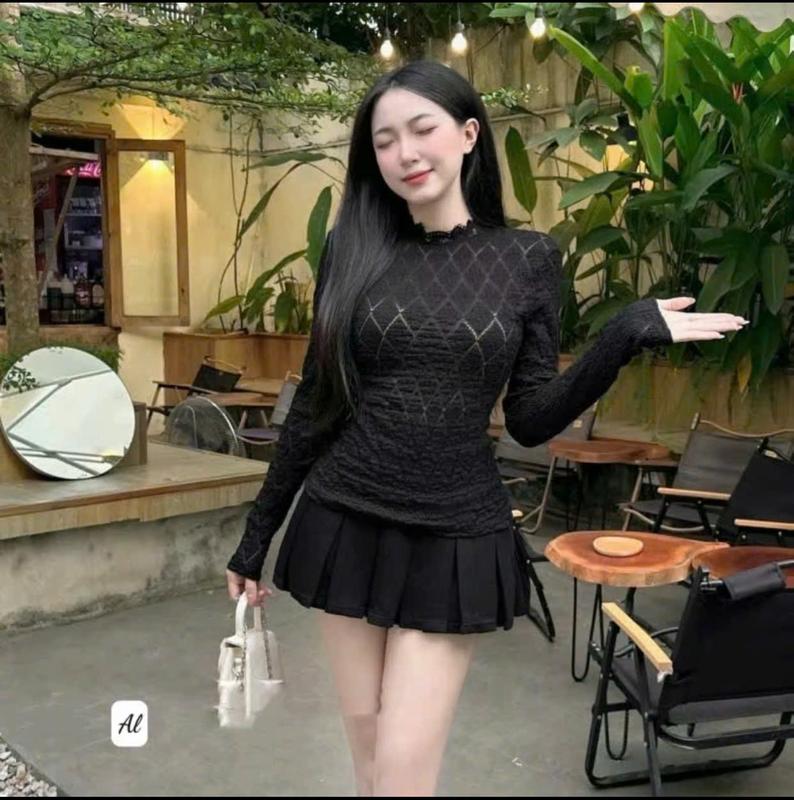 Bộ Áo Ren Xốp Tay Dài và Chân Váy Xếp Ly Sang Chảnh cho Nữ - Women Top Kem set thường set  botieuthu Xoè 1
