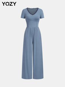 YOZY Women's Contrast Lace V Neck Jumpsuit, Casual Comfy Jumpsuit for Summer, Fashion Women's Clothing for Daily Wear