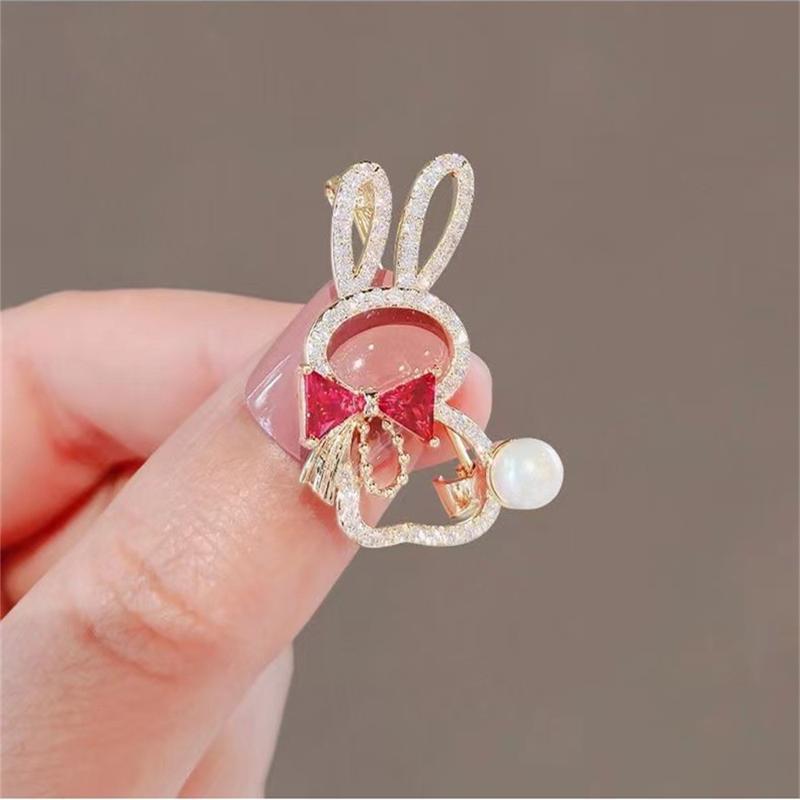 Product Introduction of Cute Cartoon Rabbit Bow Tie Brooch With Diamonds For Women, Pearl Brooch Pin, Tie Pin, Clothing, All-match 20