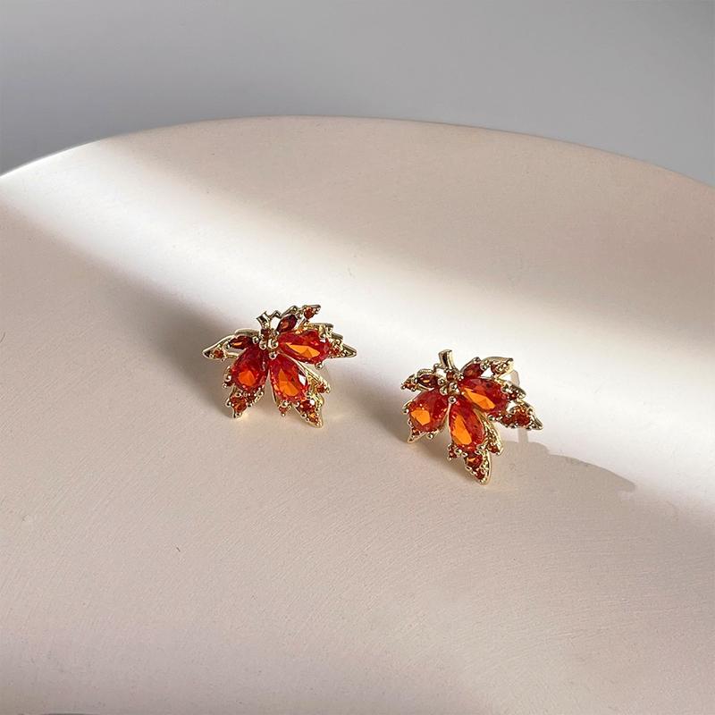 Product Introduction of Micro Paved Zircon Red Maple Leaf Earrings for Women 925 Silver Needle Earrings 14K Plated Niche Personality Earrings Light Luxury Niche Earrings Gift for Girls on Holidays 5