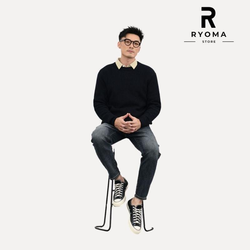 Álen cổ tròn nam nữ, álen RYOMA, chất len lông cừu hạt gạ, dày dặn, ấm áp, form dáng Hàn Áo Menswear Đen 6