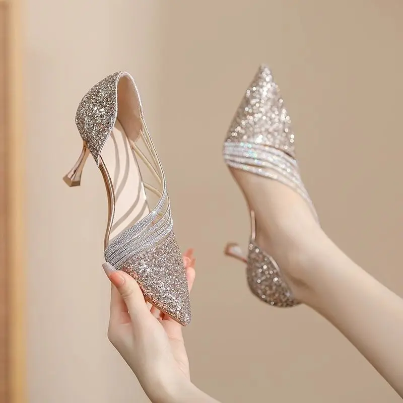 [2055 Favorites] Champagne Color Rhinestone High Heels for Women, Stiletto 2025 New Wedding Shoes, Bride Shoes, Sexy Shallow Mouth Elegant Pointed Toe Pumps