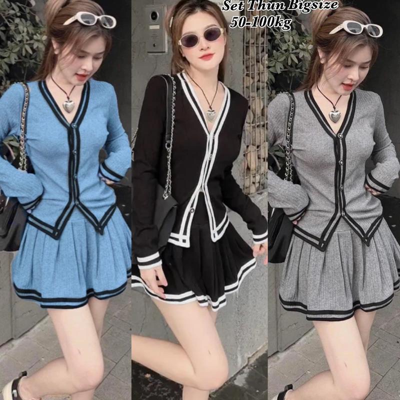 Set Bộ Bigsize Thun Tăm Thiết Kế Tay Dài Váy Xoè Có Lót Trong Hot Hit Thời Trang Bigsize Nữ đẹp Sang Chảnh Set Bộ Đồ Thun Tăm Tay Dài Xinh Đẹp Feesize 50-100kg Ennhocobigsize Áo Top Set Bigsize Thun Đen Women - 2057