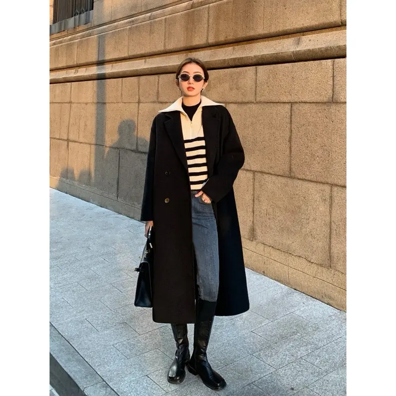 KAGEDSHOP Áo khoác dạ dáng dài 2 lớp form rộng 4 cúc túi sườn be đen, Áo khoác blazer nữ cổ vest chất dạ lì phong cách ulzzang 6