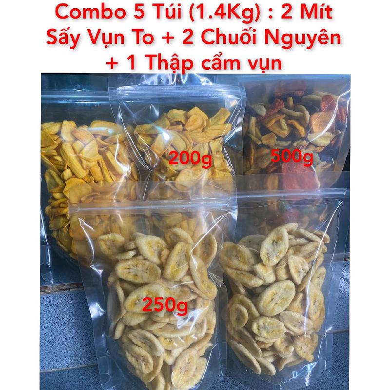 Combo 5 Túi (1.4Kg) : 2 Túi Mít Sấy Vụn to + 2 Túi Chuối Sấy Nguyên miếng + 1 Túi Thập Cẩm Sấy Thơm giòn