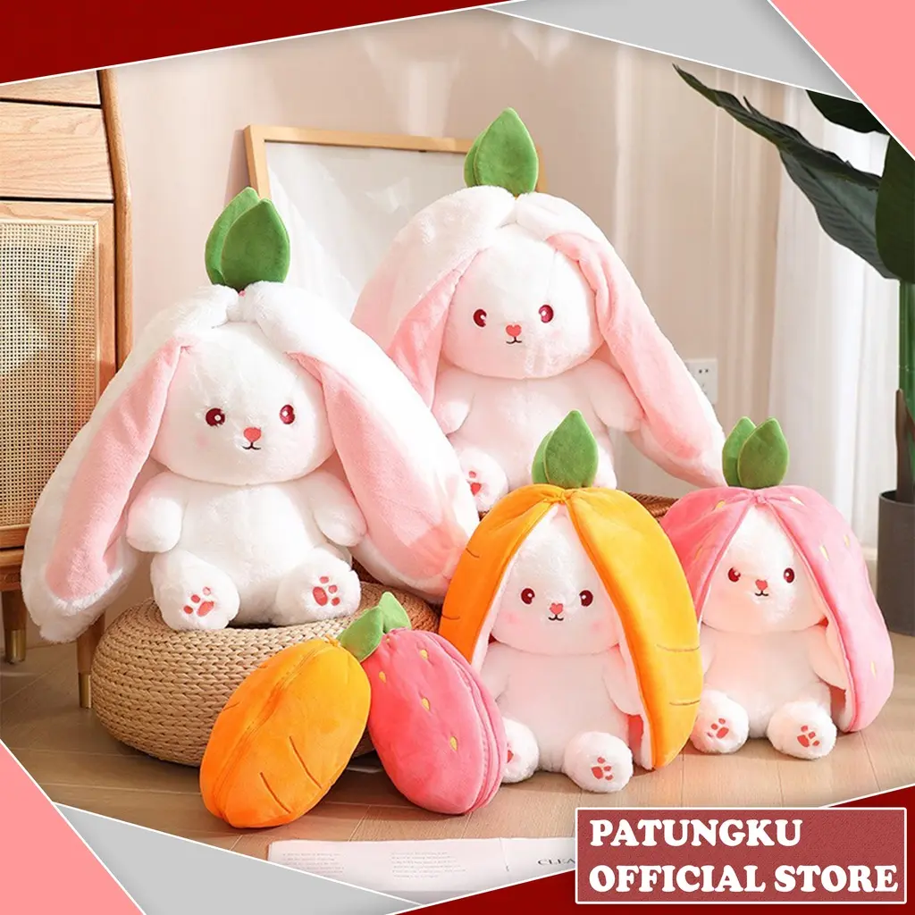 PatungKu Strawberry Rabbit Plush, Cute Bunny 2 in 1 Long Ear Fruit Animal Stuffed Doll, Carrot Outfit