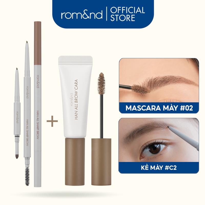 Combo Mascara Chân Mày Romand Han All Brow Cara + Chì kẻ mày nét mảnh 3 trong 1 Romand Han All Sharp Brow Cosmetic Trang Điểm