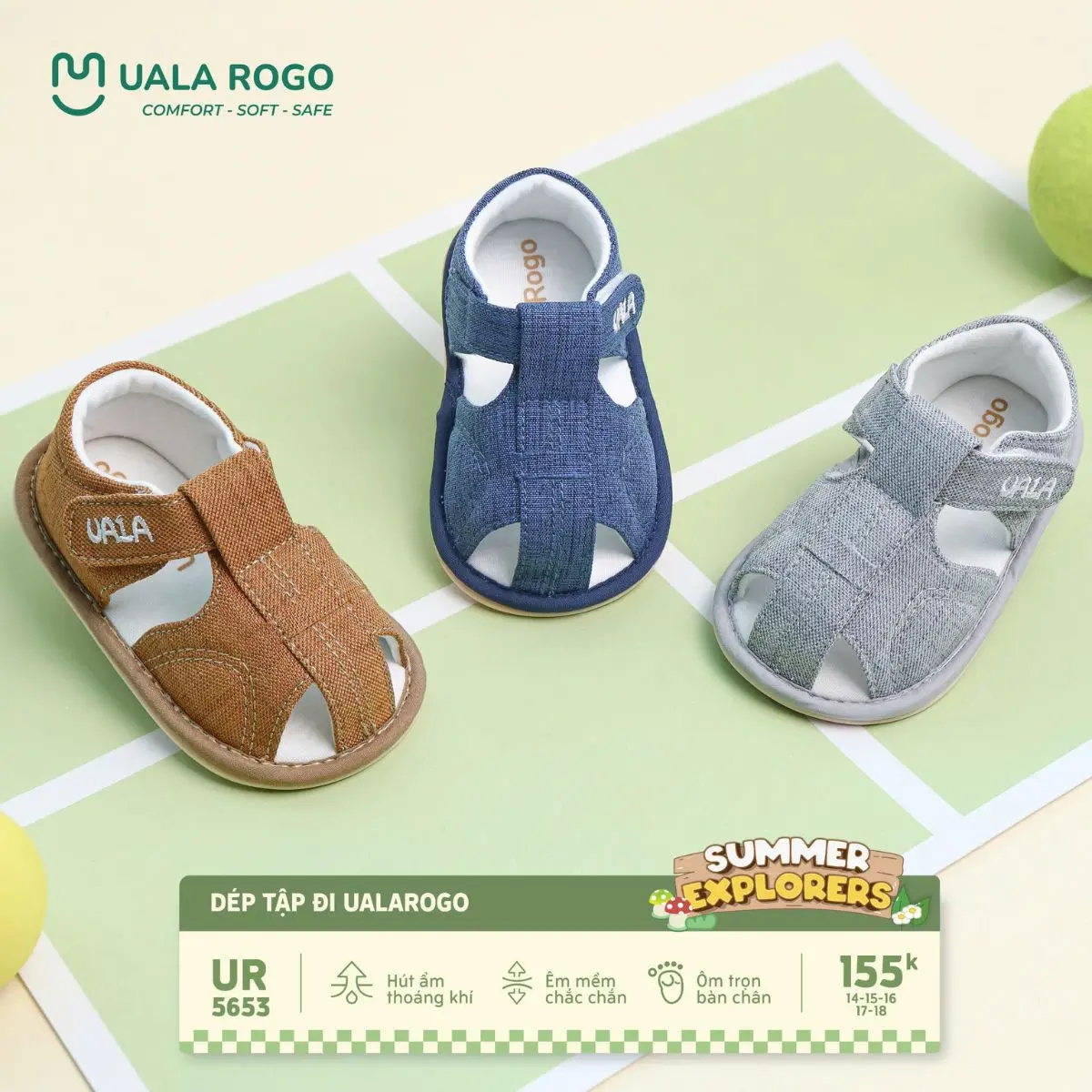 Dép bé trai bé gái tập đi Ualarogo sandal đế cao su chống trượt quai dán điều chỉnh rộng chật 5653