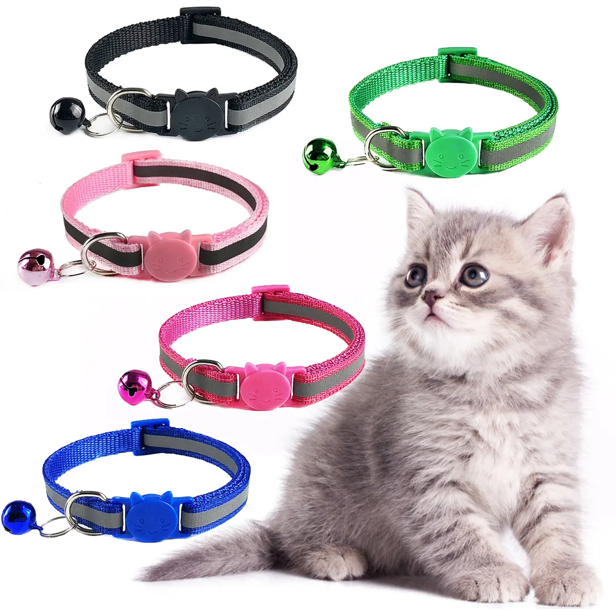 5 Colors Pet Collar Reflective Breakaway Cat Dog Collar Neck Ring Necklace Bell Safety Elastic Adjustable Reflective Collar Pet Supplies