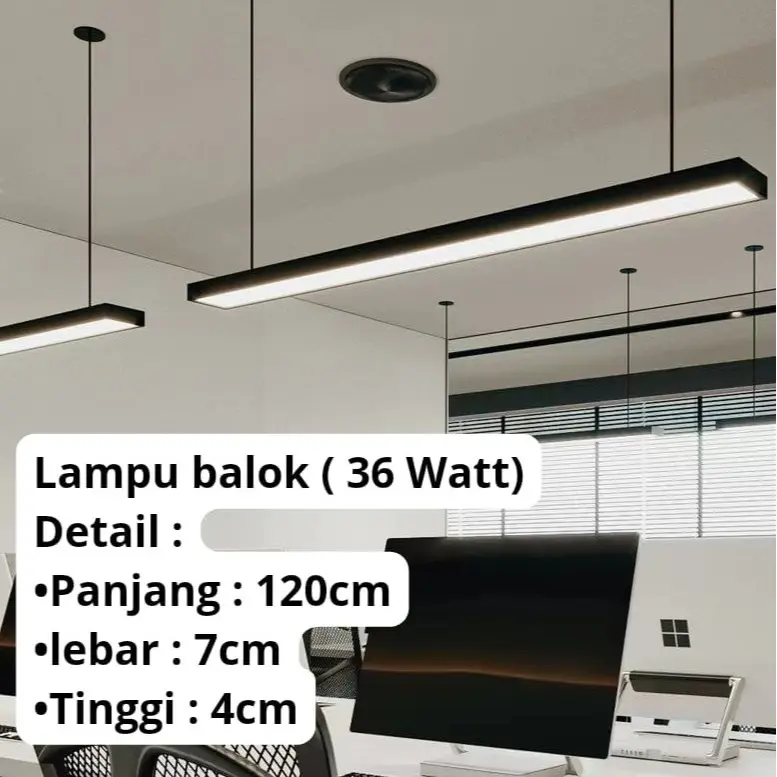 Lampu balok Led 36 watt office gantung plafon --Body Hitam&putih 6500k White Baja