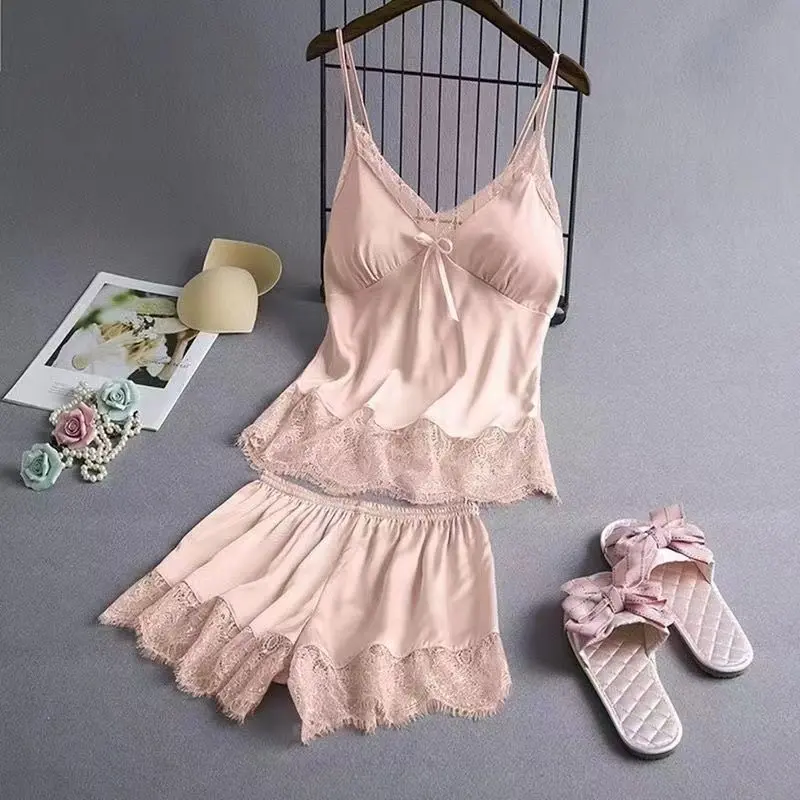Đồ Ngủ Hai Mảnh Có Dây Đeo, Qishun, Cỡ Lớn, Dành Cho Nữ, Làm Bằng Lụa Lạnh Mùa Hè, Có Đệm Ngực, Thích Hợp Cho Mùa Xuân Và Mùa Thu, Bộ Đồ Ngắn, Mặc Nhà, Mỏng