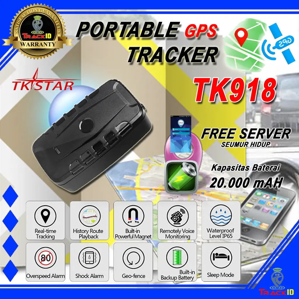 GPS TRACKER PORTABLE ORIGINAL TKSTAR TK918 TK 918 20000 MAH MOBIL MOTOR TK905 TK915 TK905B TRACKER FREE SERVER