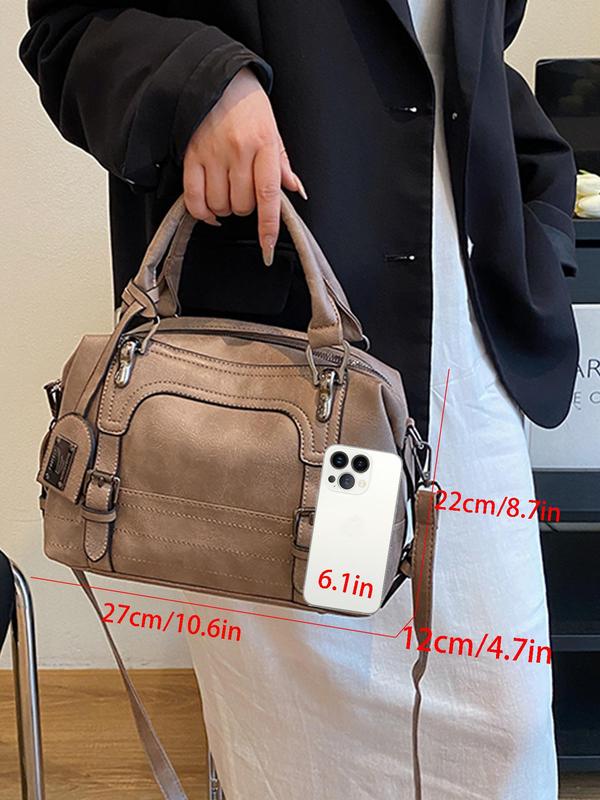 Women's Solid Color Oil Wax Boston Bag, Fashionable PU Leather Crossbody Bag for Daily Used, Casual Trendy Versatile High-quality Daily Commuting Bag 7