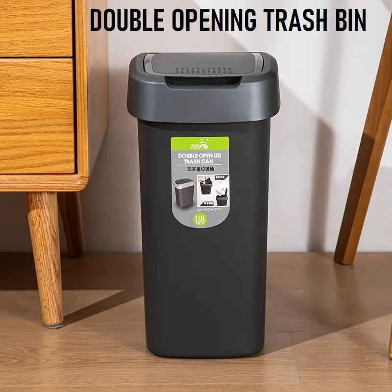 Double Opening Lid Black Trash Bin 10L Dustbin Rubbish Bin Recycle Bin Kitchen Bathroom Toilet
