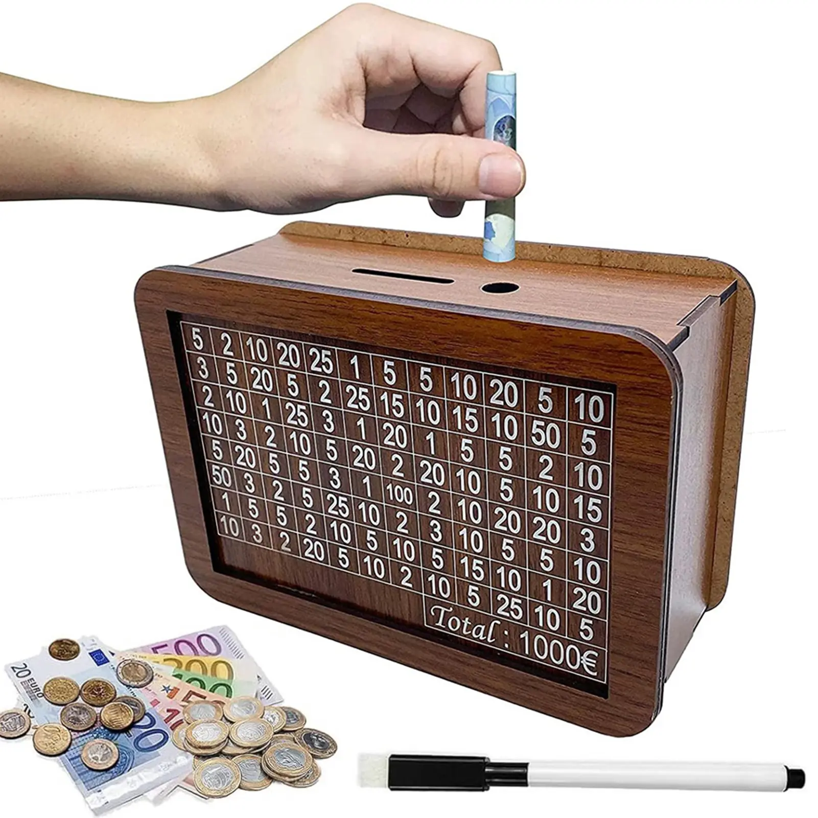 Kotak Wang Kayu, hubixsy, dengan Pen Penanda Kaunter, Gaya Vintaj, Piggy Bank, dengan Nombor Sasaran Wang, Bekas Tunai Syiling, Kotak Cabaran Simpanan Wang