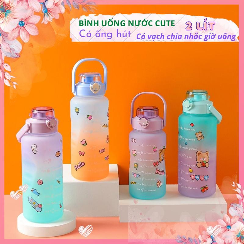 Bình nước 2 lít tặng Sticker dành cho người lười uống nước bình nước cute 2L có ống hút, vạch chia nhắc giờ