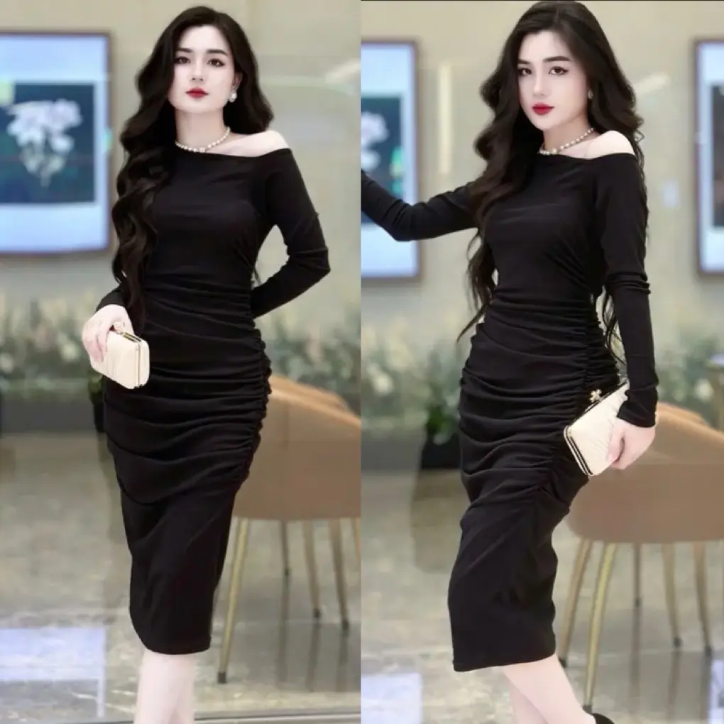 Váy body lệch vai dáng dài sang chảnh ,váy dự tiệc  Women Dress Cotton