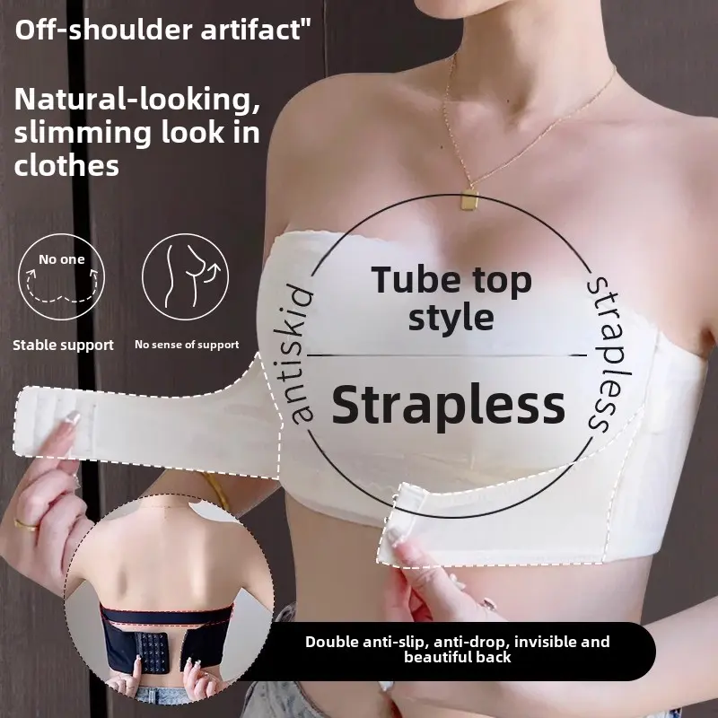 Front Buckle plus Size Strapless Underwear Women's Big Chest Small Non-Slip Push up Anti-off off Shoulder Special Tube Top Wrapped Chest Thin Womenswear Bra Comfort Basic Sexy Minimalist