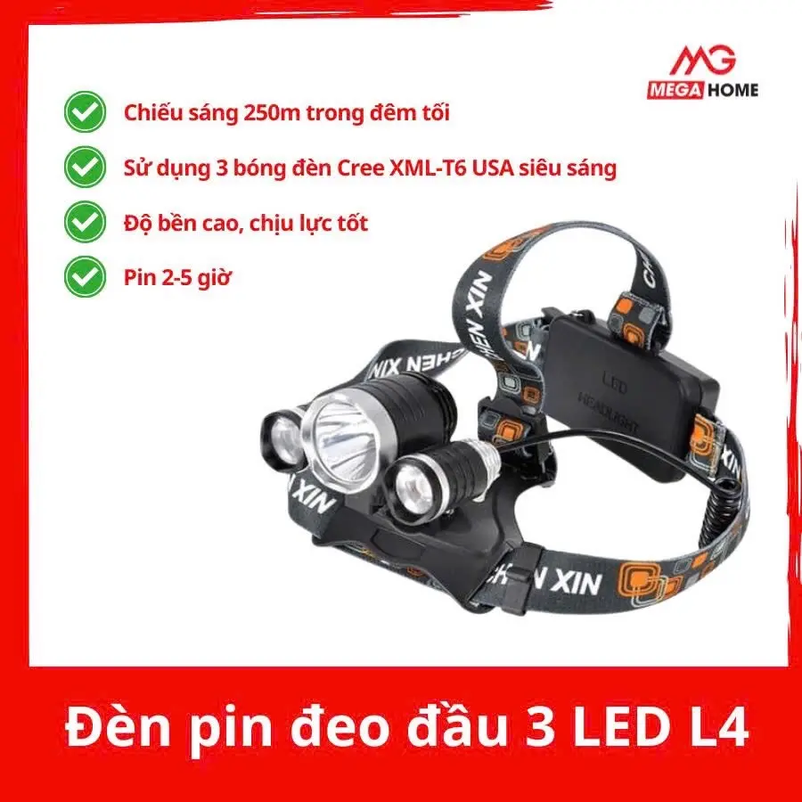 Đèn pin đội đầu 3 LED L4 USA siêu sáng chống nước
