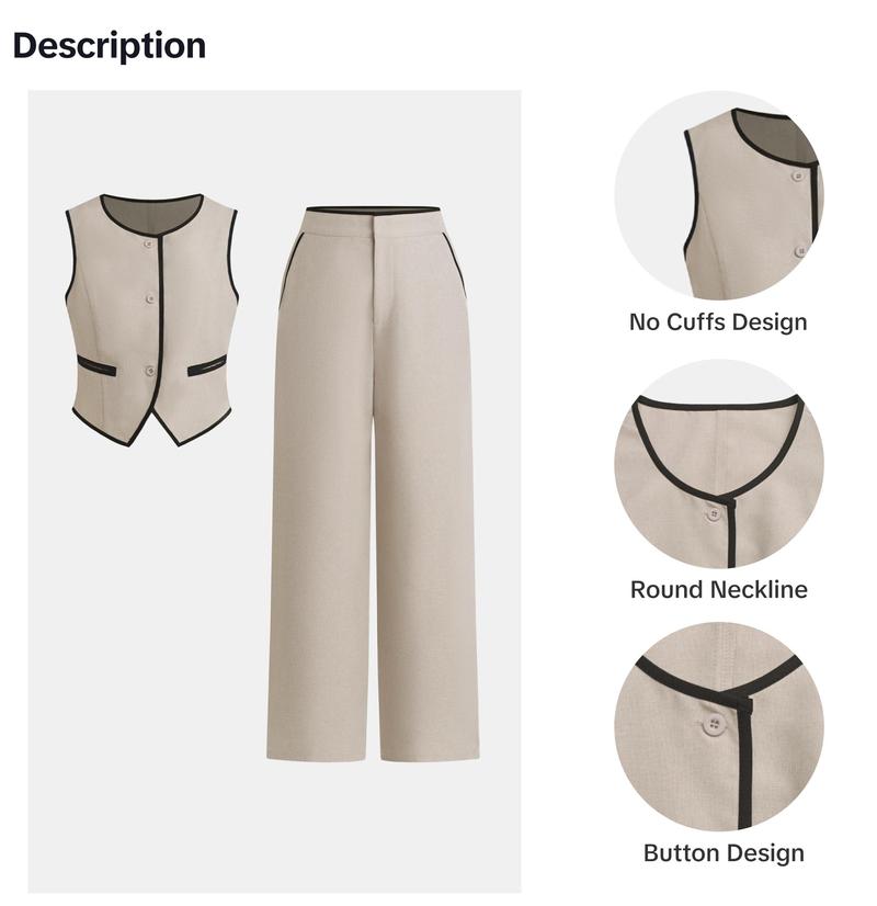 Product Introduction of YOZY Two-piece Set Women's Contrast Binding Button Front Vest Blazer & Wide Leg Pants, Elegant Fashion Casual Outfits for Daily Outdoor Wear, Women Clothing for Spring & Fall，Valentine's Day Gift for Girl 4