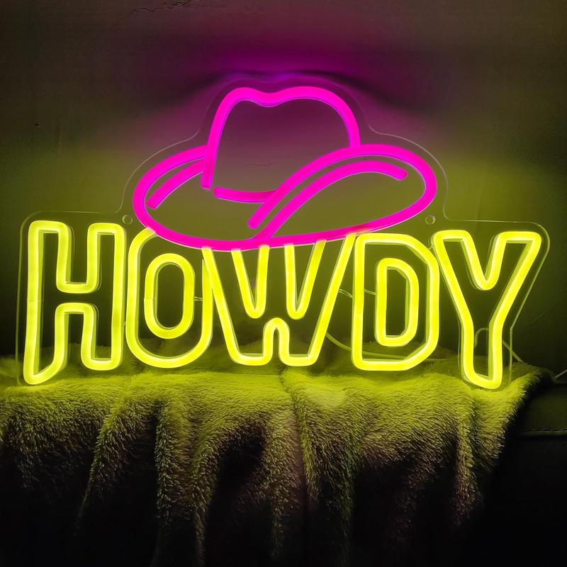 Creative Howdy Design LED Neon Sign, Cowgirl Hat Decorative Neon Sign, USB Powered Night Light Sign with Accessories for Home Bedroom Door 0