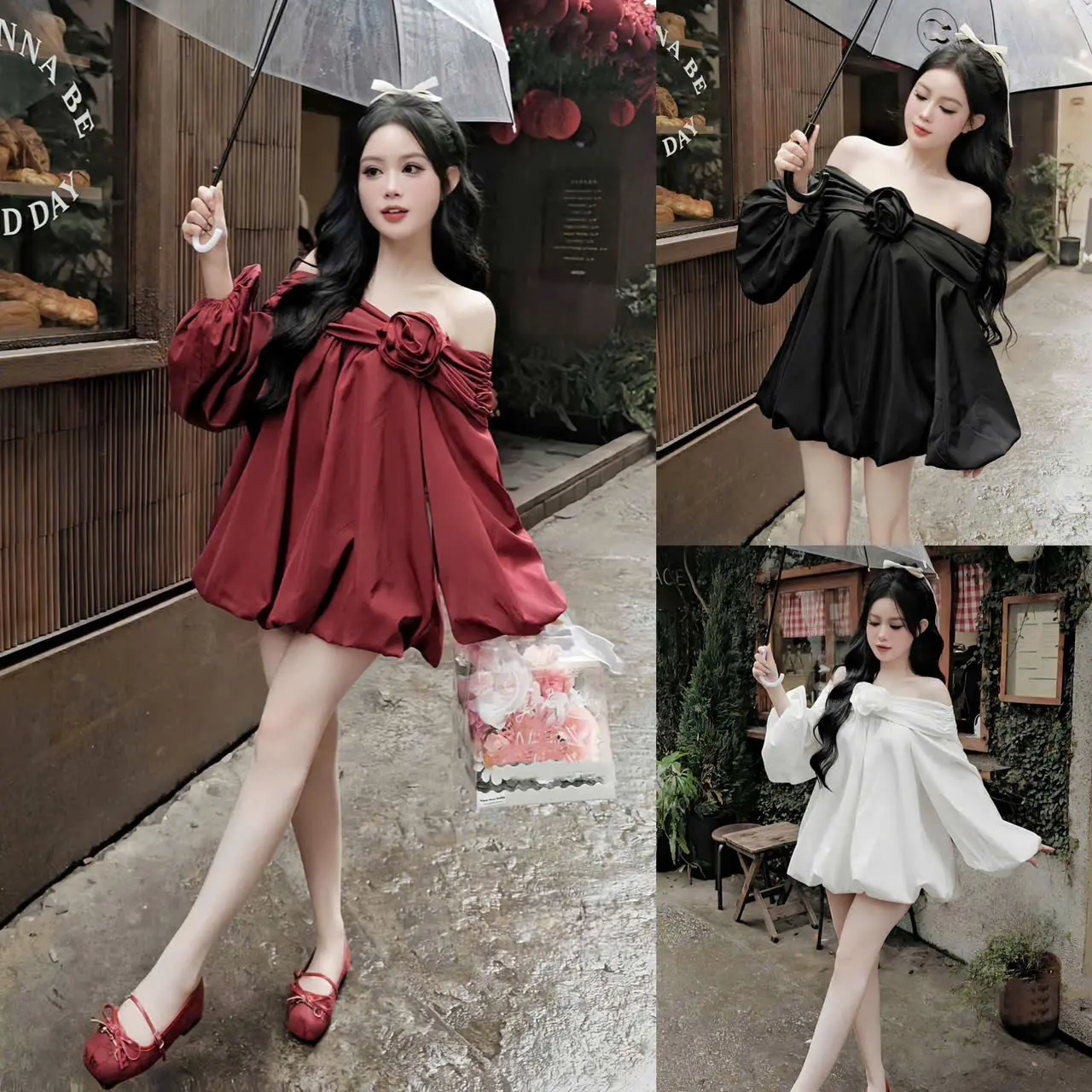 Đầm Nữ Tiểu Thư Baby Doll Trể Vai Đính Bông Tay Phồng Dài Tôn Dáng Nữ Tính Dịu Dàng Thanh Lịch Sang Trọng Dễ Thương  - Free Size - Women, Top