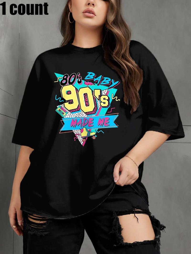 Product Introduction of Plus Size 80s & 90s Made Me Letter Print Round Neck Tee, Casual Short Sleeve Crew Neck T-shirt for Summer, Women's Plus Clothing for Daily Wear 2