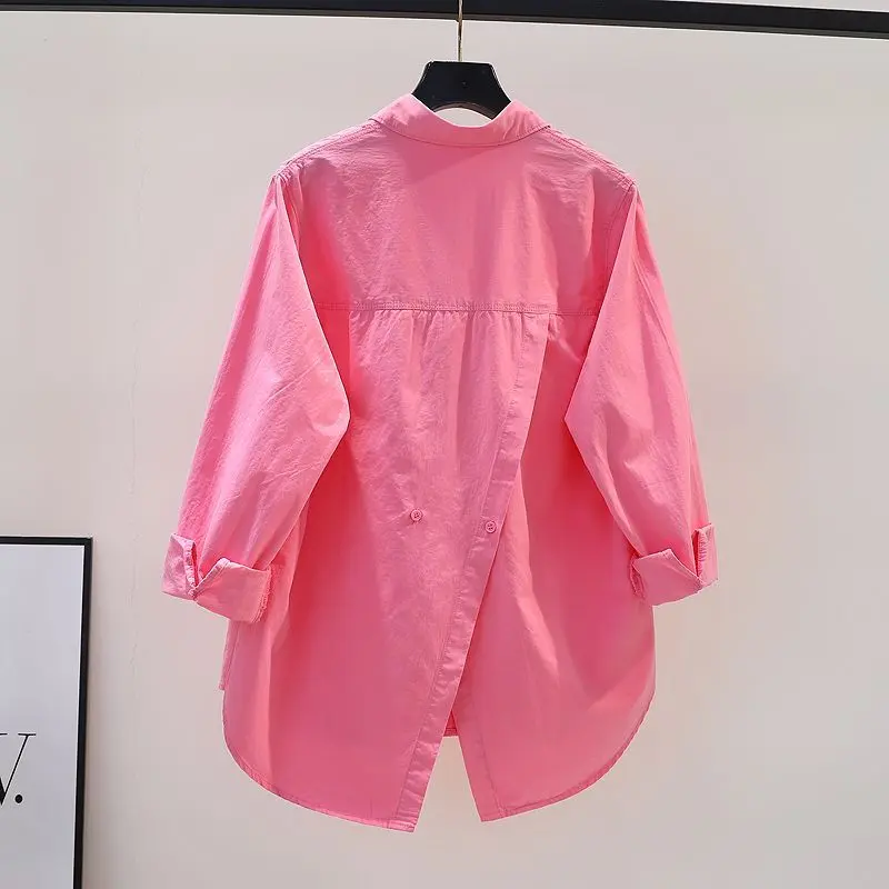 Design Sense Back Split Rose Pink Cotton Shirt Female Loose Long Sleeve Shirt 204 Spring and Summer All-Match Cardigan Top Blouse Lingerie Lady Comfort Minimalist