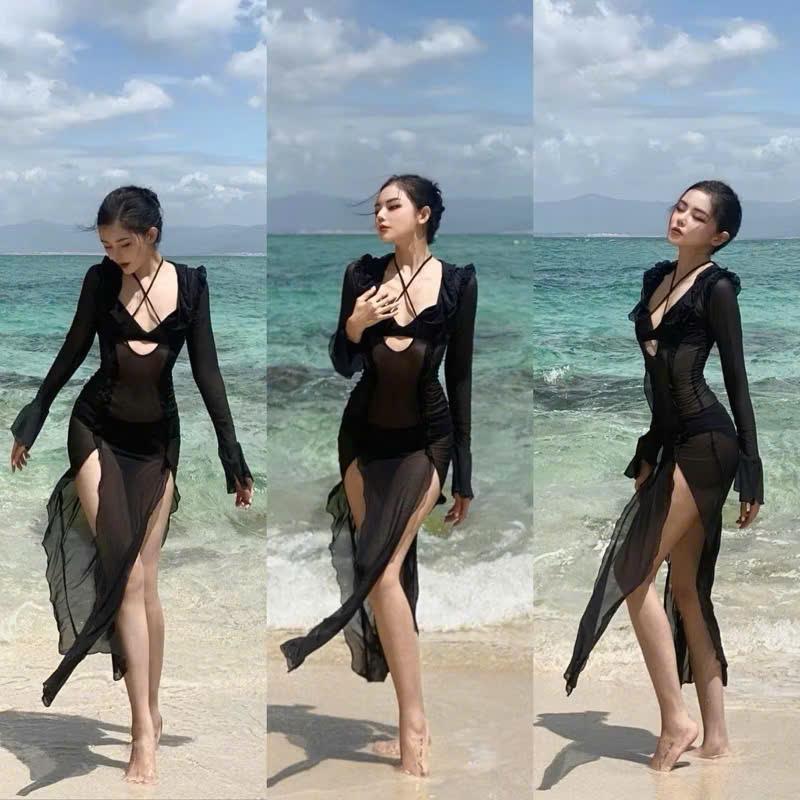 Ms 086 Bikini set ba chi tiết ĐẦM LƯỚI DÁNG DÀI  xuyên thấu, áo tay loe mềm mỏng