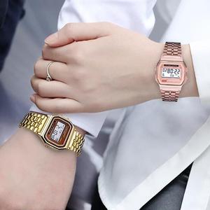 Jam Tangan Digital Wanita Retro Watch Rose Gold Stainless Steel Klasik Petak Tali Besi LED Harian Stylish Elegant