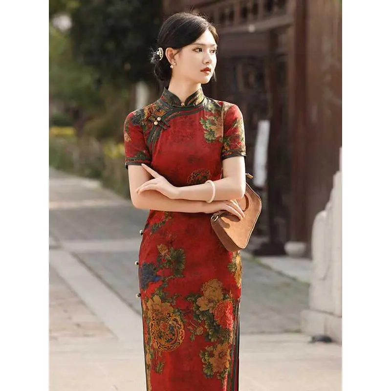 Cheongsam Phong Cách Trung Quốc Cổ Điển In Màu Đỏ, ngắn Tay Và Họa Tiết Dài, Thanh Lịch Và Cao Cấp, Dành Cho Nữ, Thích Hợp Cho Mùa Xuân Và Mùa Hè, Phong Cách Trung Quốc