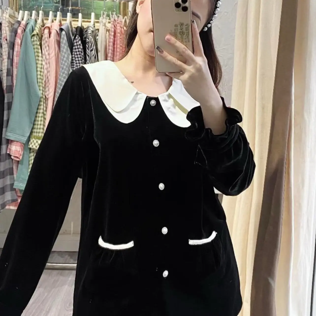 Set bộ ngủ mặc nhà pyjama cổ đôi nhung đen