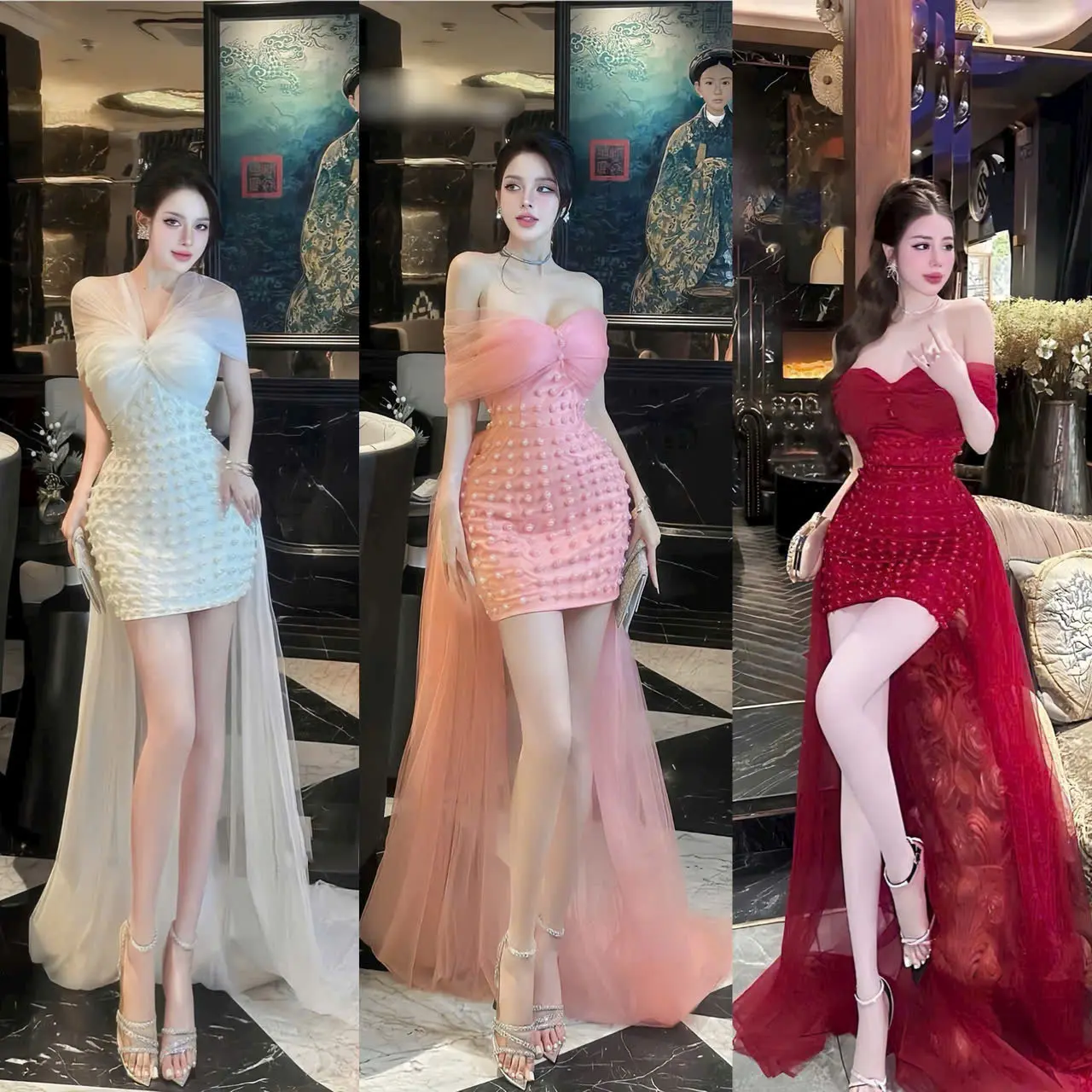 Đầm Nữ Dự Tiệc Maxi Trể Vai Đóng Cườm Tà Sau Lưới Dài Nữ Tính Dịu Dàng Thanh Lịch Sang Trọng Dễ Thương Phù Hợp Mọi Phong Cách  - Free Size - Women, Top