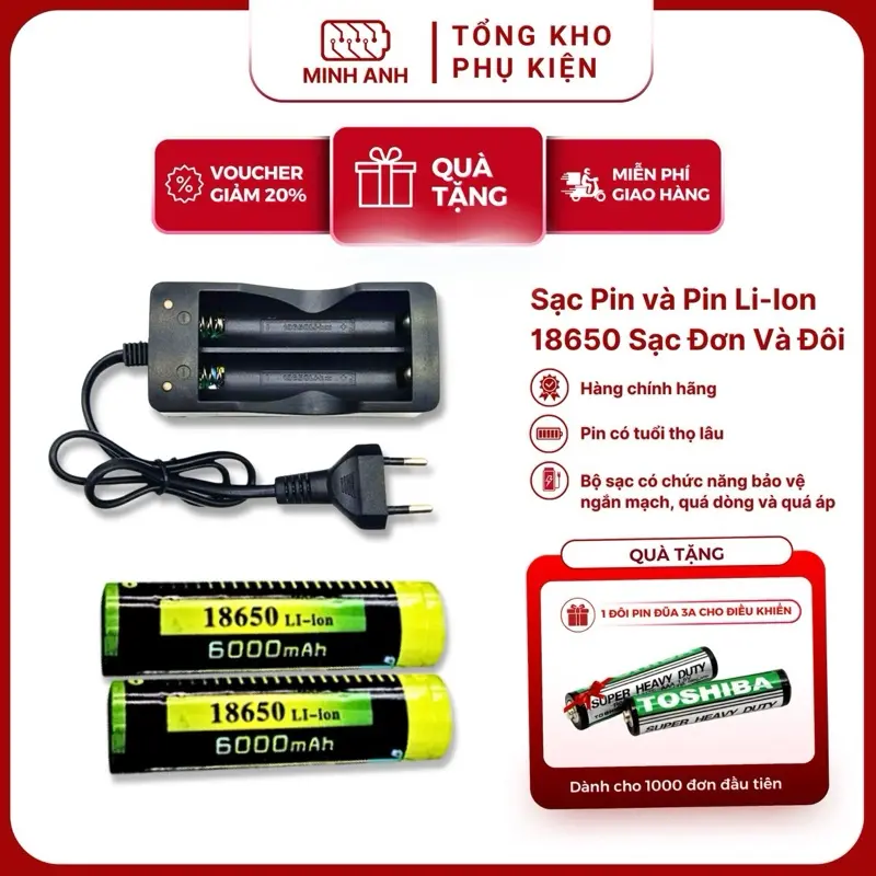 ￼Sạc Pin và Pin Li-Ion 18650  Sạc Đơn, Sạc Đôi Cho Đèn Pin Siêu Sáng, Quạt Mini 3 Tốc Độ...