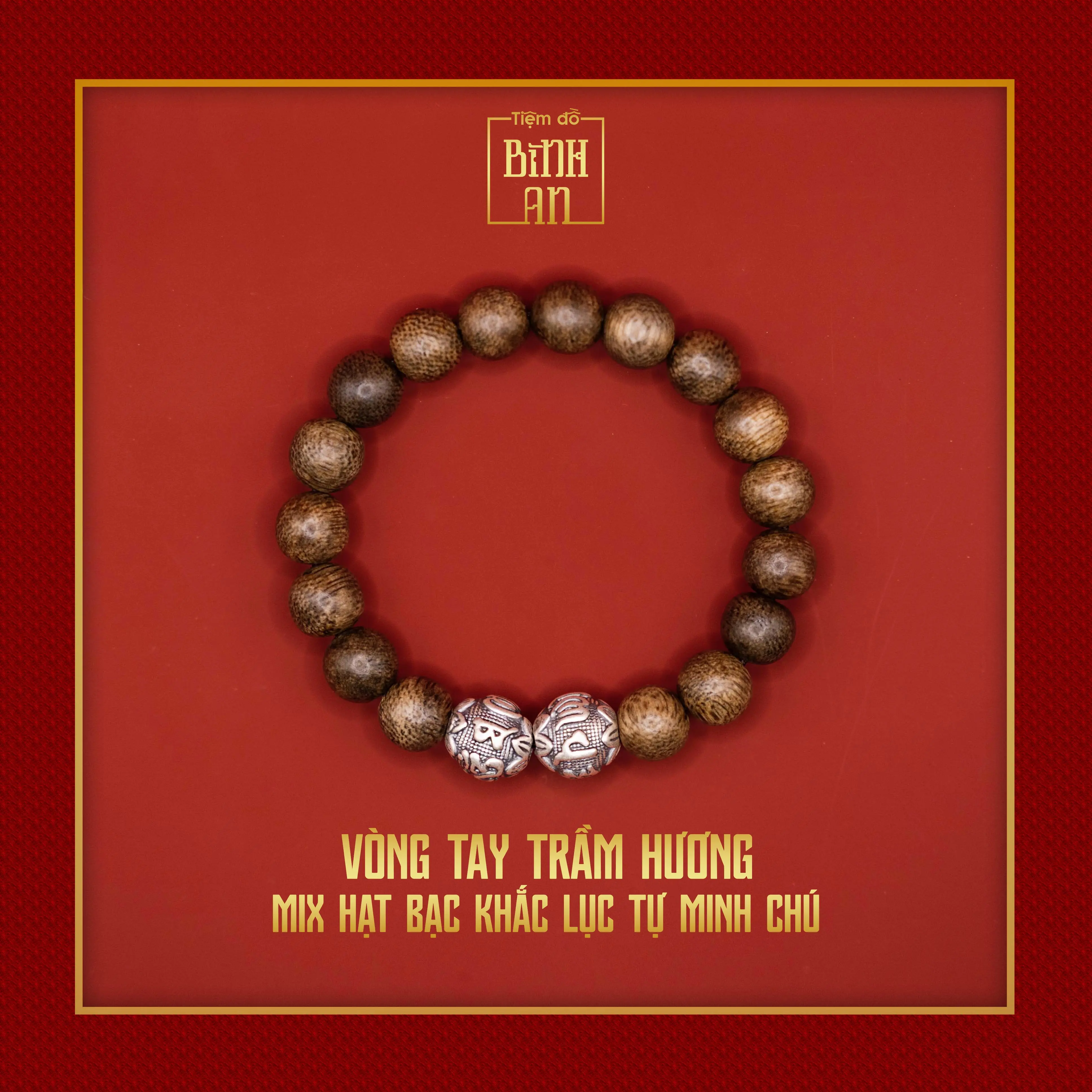 Vòng tay trầm hương mix hạt bạc khắc Lục Tự Minh Chú Om Mani Padme Hum - Tiệm Đồ Bình An
