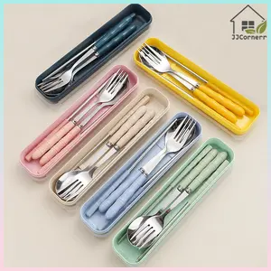 3 Pcs Set Sendok Alat Makan Cutlery Garpu Sumpit Set Box Stainless Steel Travel Peralatan Makan