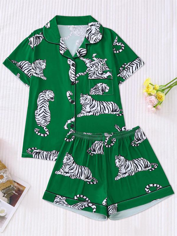 Women's Cartoon Print Contrast Binding Pocket Lapel Shirt & Elastic Waist Shorts Pyjama Set, Casual Comfy Button Front Short Sleeve Top & Shorts Pj Set, Pyjamas for Women, Pajamas, Ladies Sleepwear, Pyjamas for Women 5