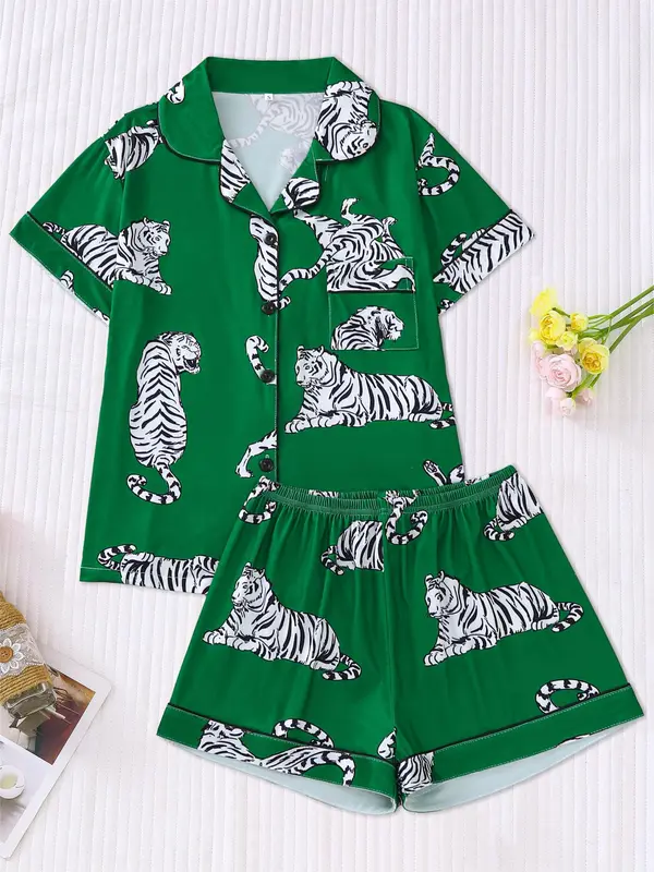 Women's Cartoon Print Contrast Binding Pocket Lapel Shirt & Elastic Waist Shorts Pyjama Set, Casual Comfy Button Front Short Sleeve Top & Shorts Pj Set, Pyjamas for Women, Pajamas, Ladies Sleepwear, Pyjamas for Women, Homewear, Womens Clothes 5