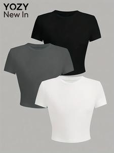 YOZY Women's Solid Round Neck Tee, Casual Short Sleeve Crew Neck T-shirt for Summer, Ladies Clothes for Daily Wear