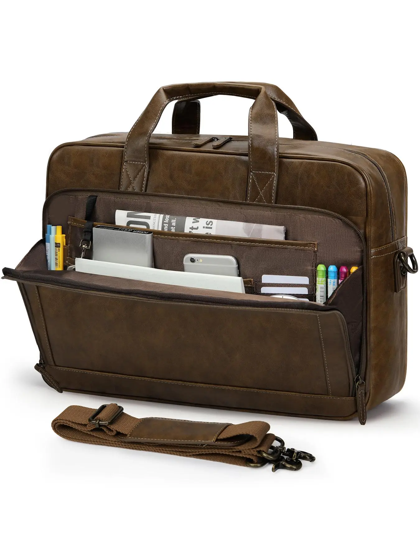Men's Vintage PU Leather Briefcase, Large Capacity Crossbody Office Computer Bag, Retro College Shoulder Bag for Work, Business, Travel