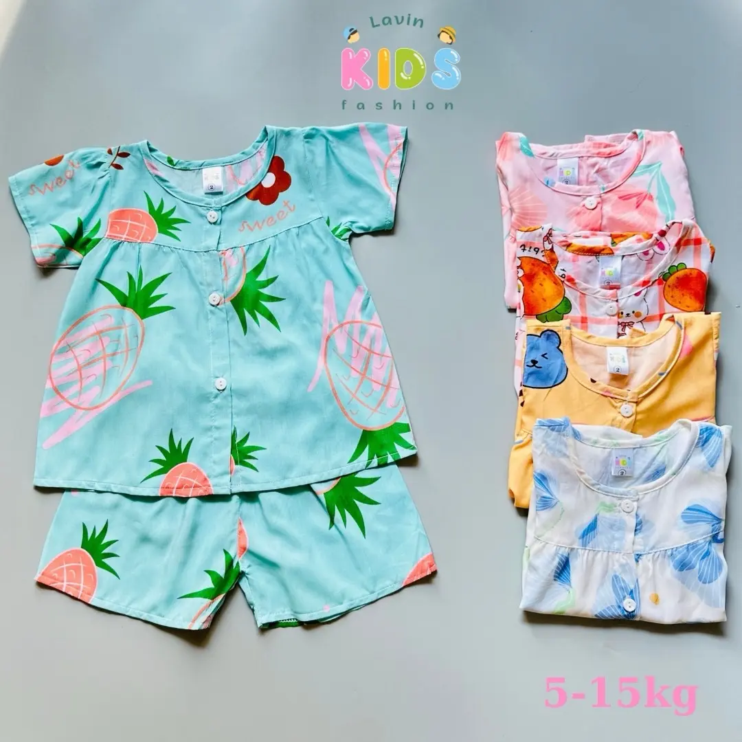 ( Sale lẻ size) bộ đồ tole lanh tay đùi cài cúc giữa cho bé gái size 5-15kg