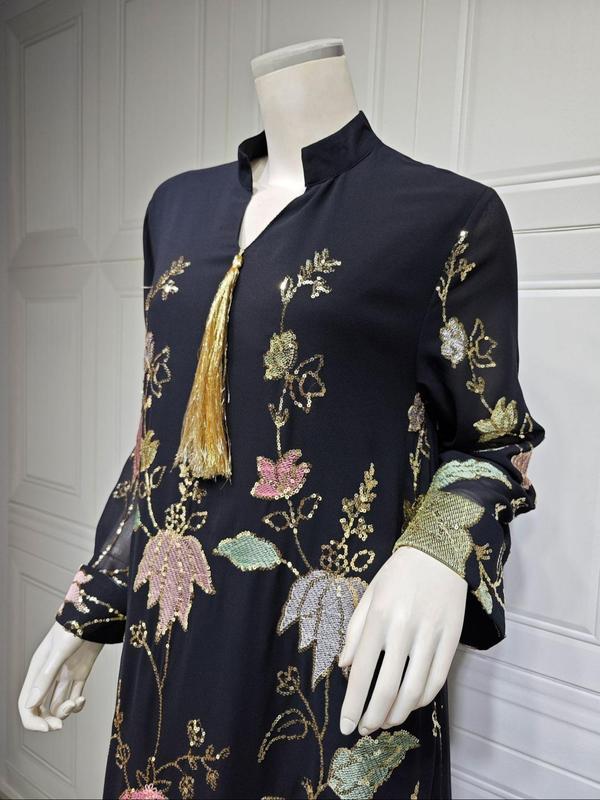 Arabic Clothing-Floral Contrast Sequin Fringe decor Notched Dress, Elegant Long Sleeve Arabian Dress for Women, Muslim Fashion for Party Holiday Vacation 3