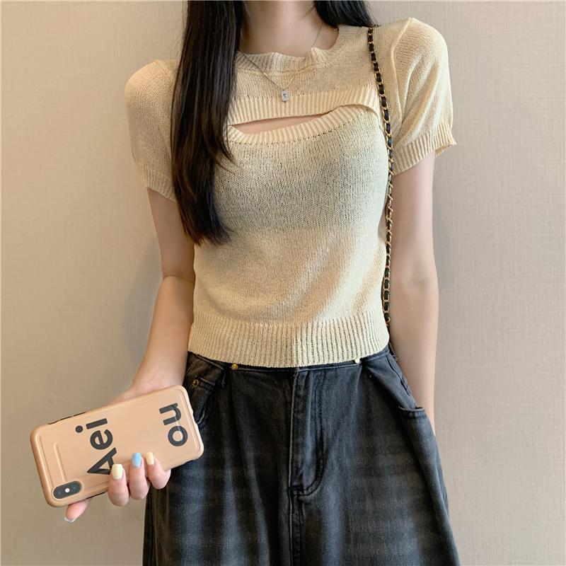 Product Introduction of Áo Len Dệt Kim Giả Hai Lớp, Thiết Kế Độc Đáo Sang Trọng Khoét Lỗ Áo Phông Ngắn Tay, Áo Ngắn Cô Gái Nóng Bỏng Mùa Hè, Phong Cách Instagram, Dành Cho Nữ, Bán Chạy Top Women Top Women 5
