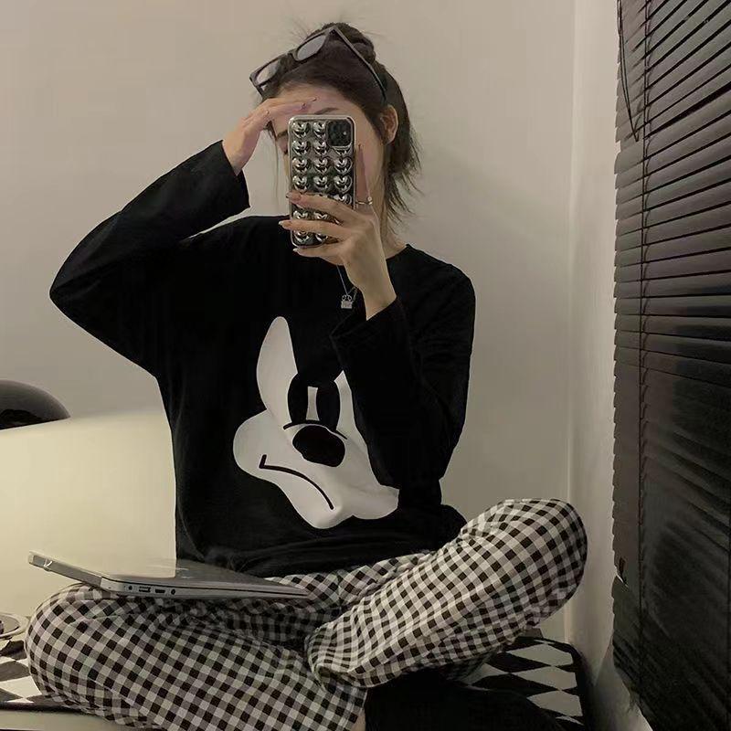 Set Đồ Bộ DÀI TAY nữ in hình gấu NEONVN - Chất áo vải cotton xược quần caro dể thương, đồ mặc nhà thu đông áo tết 2024 Thun Women Top