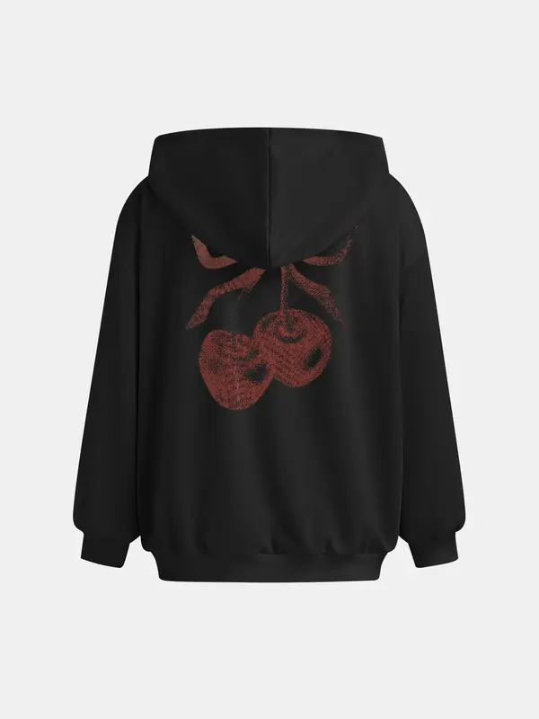 YOZY Women's Cherry Print Drop Shoulder Hoodie, Fashion Casual Long Sleeve Hooded Sweatshirt for Daily Holiday Outdoor Wear, Women Clothing for Fall & Winter 5