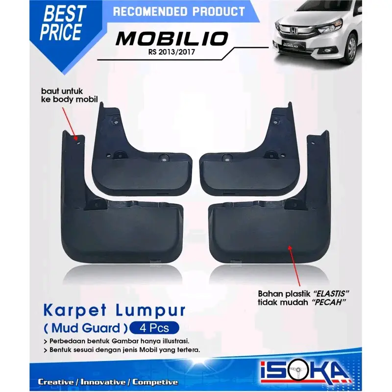 Mudguard Mud Guard Karpet Lumpur Honda Mobilio Tipe RS(Body Kit) & Tipe E/S prestige(Non bodykit) 2013 2014 2015 2016 2017 2018 Karpet Roda Mobilio Accessories Car Kendaraan Motorcycle 1